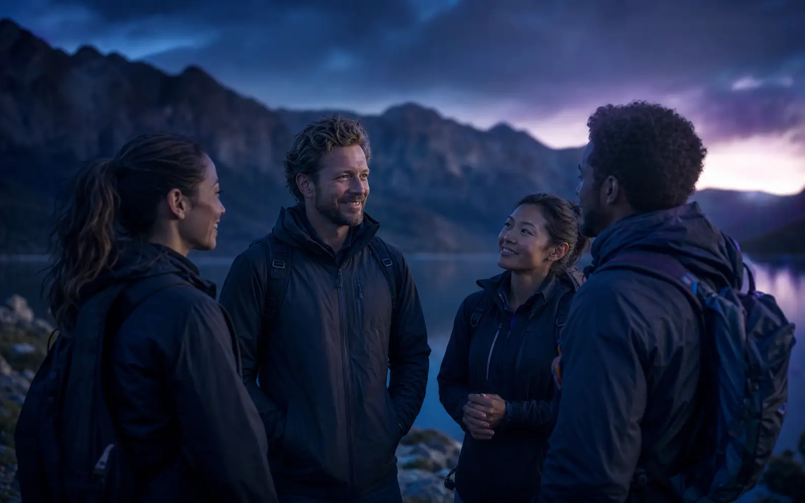 Un groupe de quatre adultes échange en plein air, au bord d’un lac.