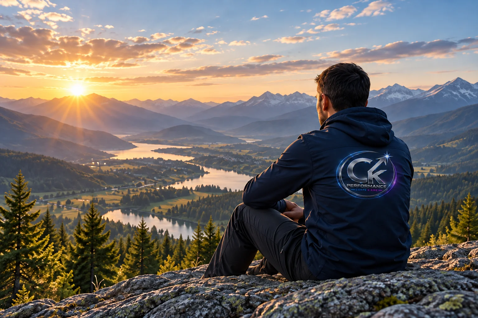 Illustration d’une personne de dos portant le logo CK PERFORMANCE sur sa veste bleu nuit, face aux montagnes au lever du soleil.